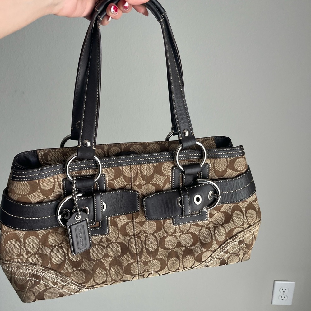 Coach Tan and Black Signature Shoulder Bag